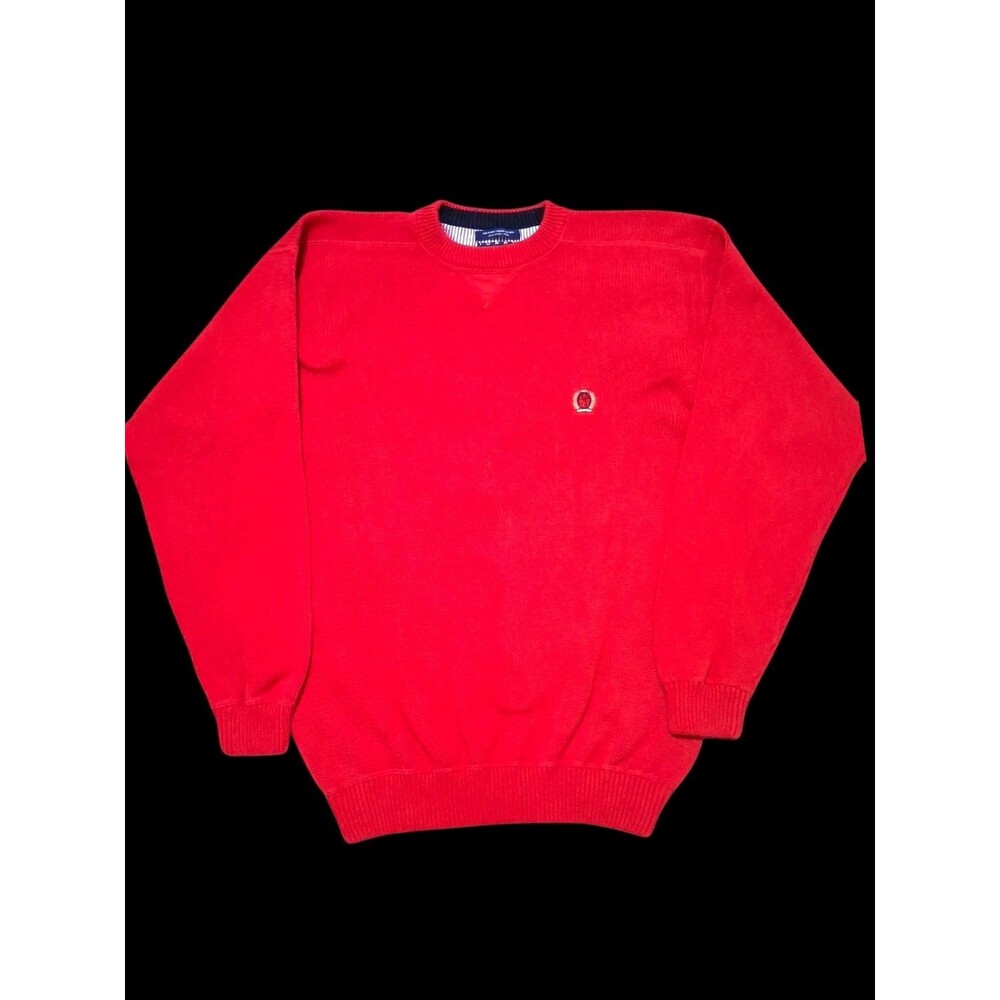 Vintage 90s Tommy Hilfiger Sweater Mens L Red Cotton Crewneck Crest Logo Flag